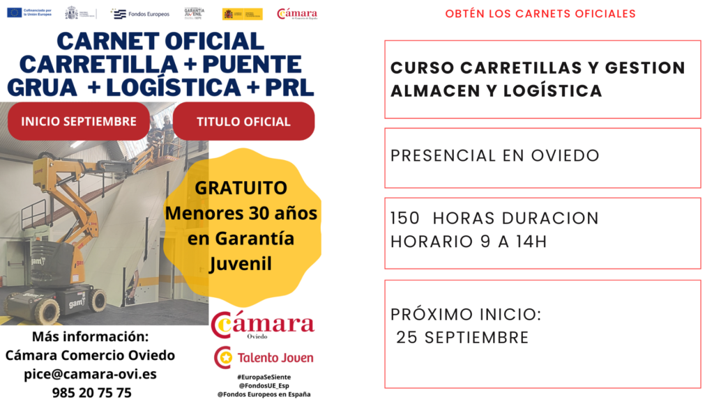 CURSO GRATIS CARRETILLAS CARNET OFICIAL GARANTIA JUVENIL CAMARA COMERCIO OVIEDO